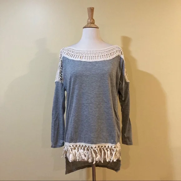 Crochet Lace Fringe Trim High Low Knit Top - Picture 3 of 6